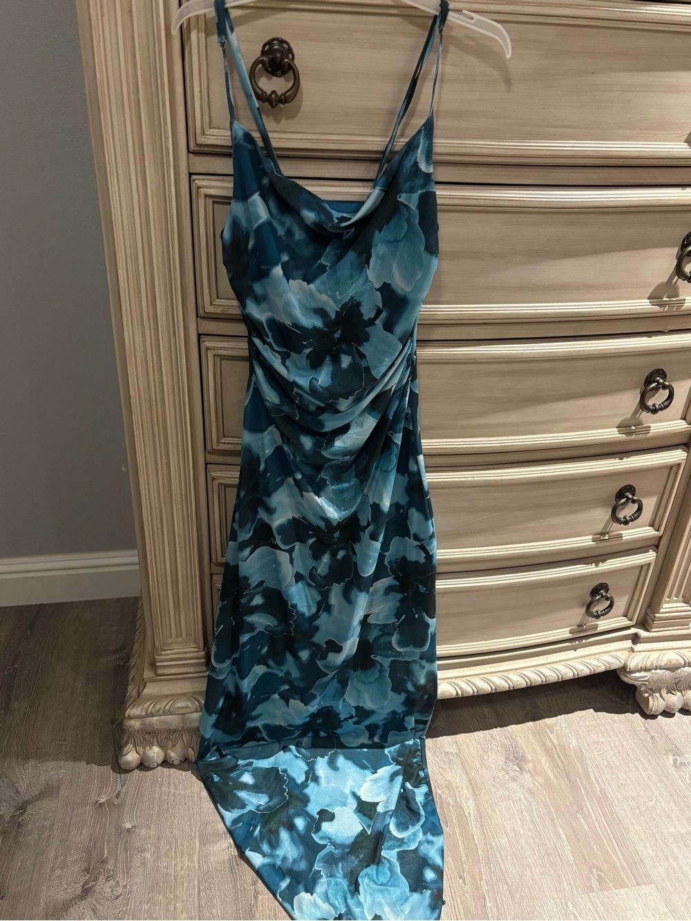 Teal Navy Floral Ruched Cowl Neck Strappy Bodycon Midi Dress